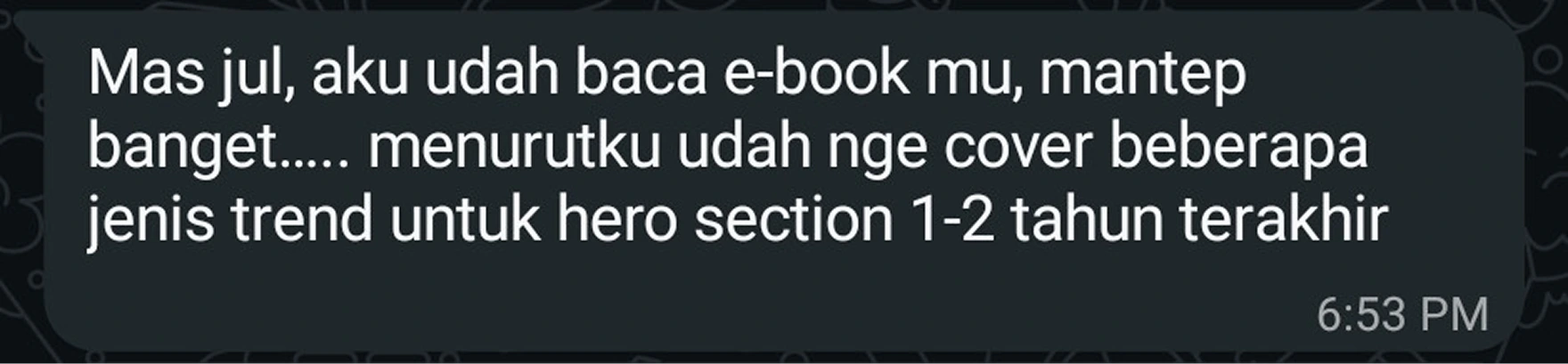 Pesan WhatsApp dari pembaca: 'Mas jul, aku udah baca e-book mu, mantep banget.... menurutku udah nge cover beberapa jenis trend untuk hero section 1-2 tahun terakhir'